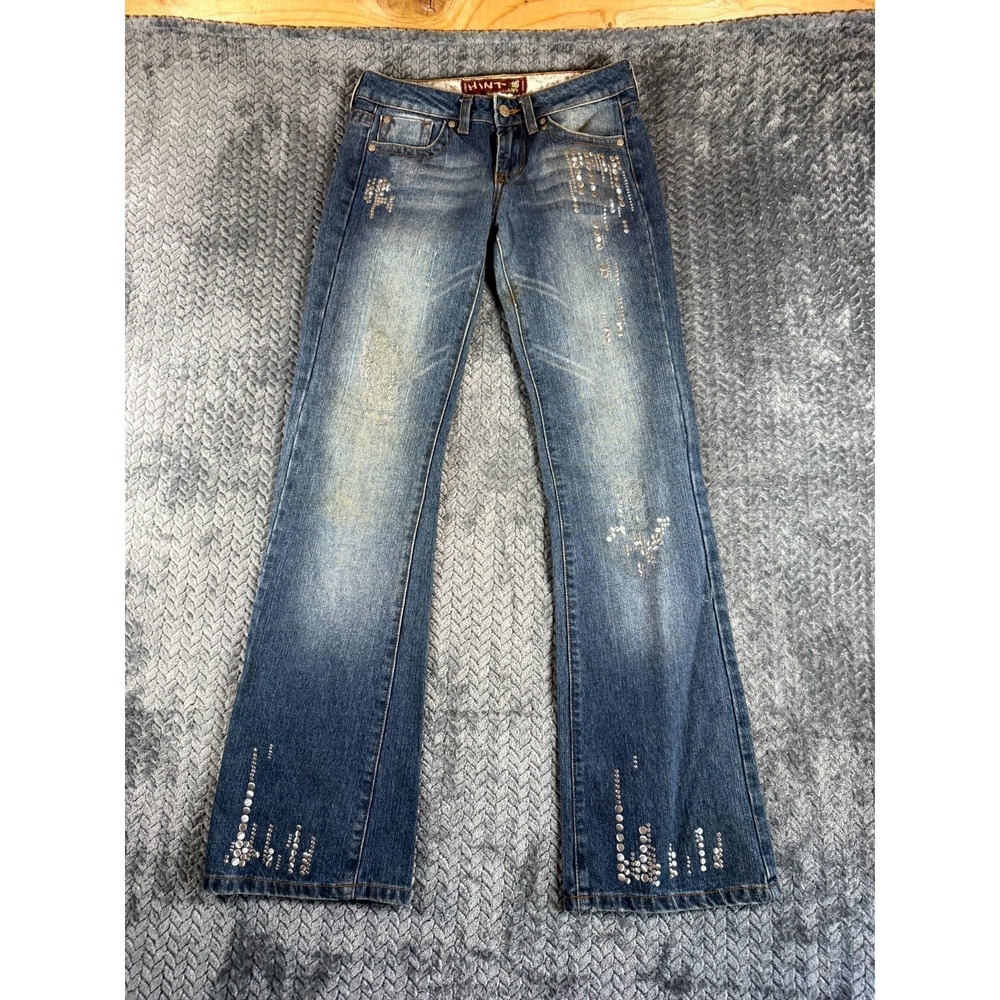 Vintage Hint‎ Flare Jeans Womens 1 Blue Denim Cotton Studded Distressed Mid Rise